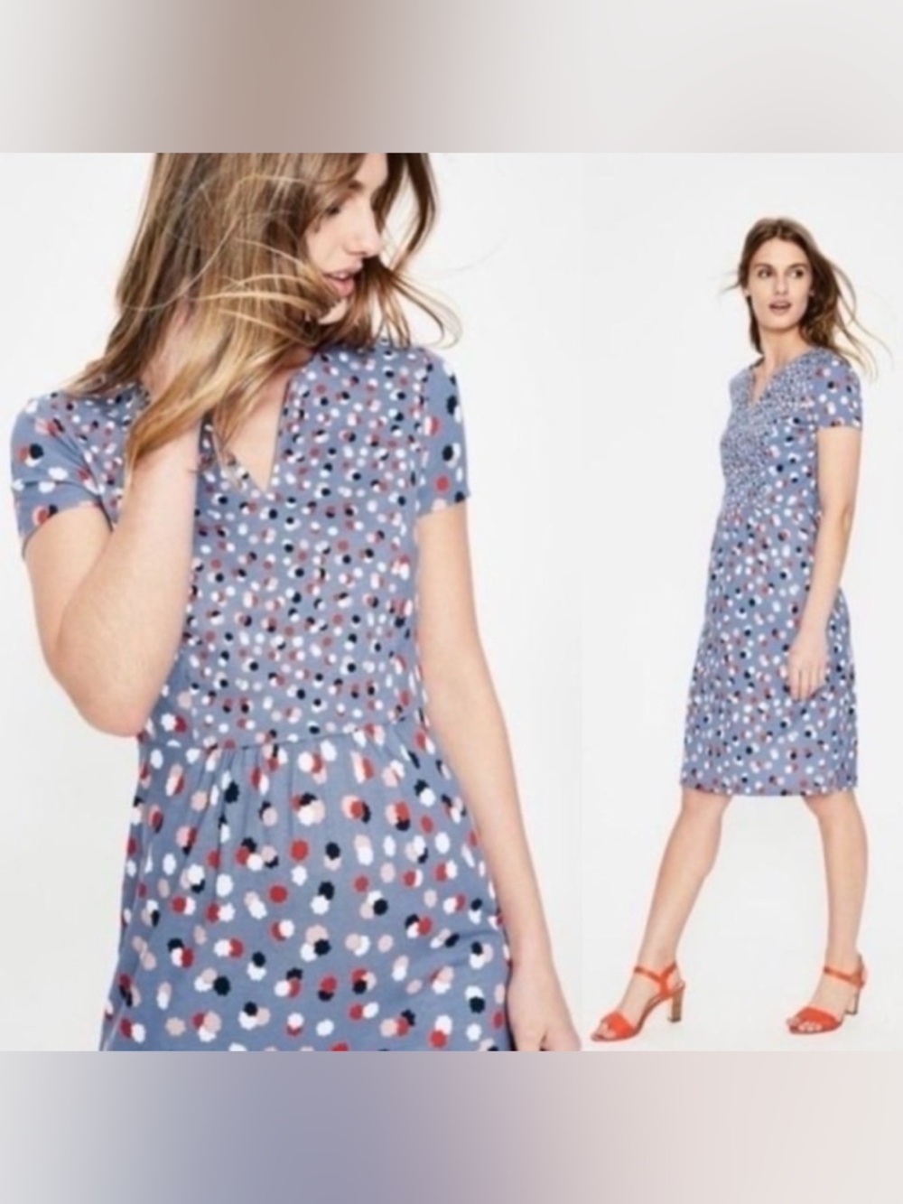 Boden Emory Jersey Polka Dot Periwinkle Blue, Red & White Knee Length Dress Sz 8 - Picture 2 of 11